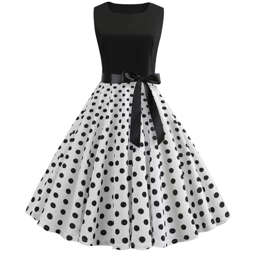 Retro Polka Dot Zip Dress - Sleeveless Crew Neck with Self-tie Detail.