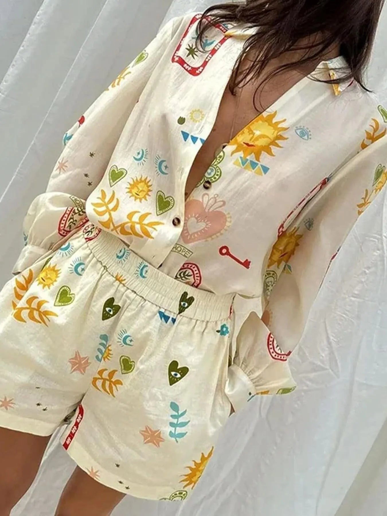 Button up long sleeve shirt and shorts set with colorful sun and heart prints on linen blend fabric