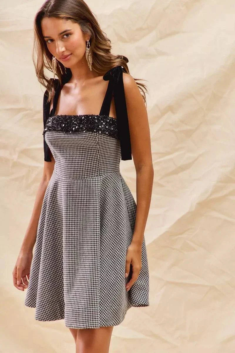 SO ME Houndstooth Fit Flare Mini Dress with Shoulder Tie for a Trendy Look.