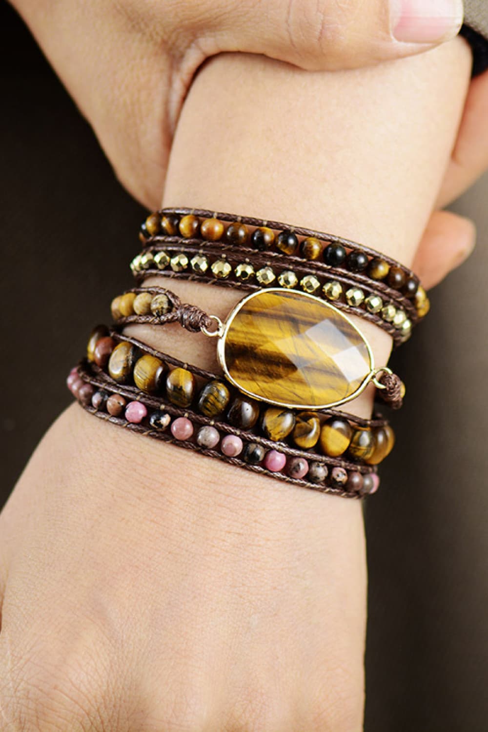 Natural Stone Layered Bracelet with polished tiger's eye and multicolored beads on wrist