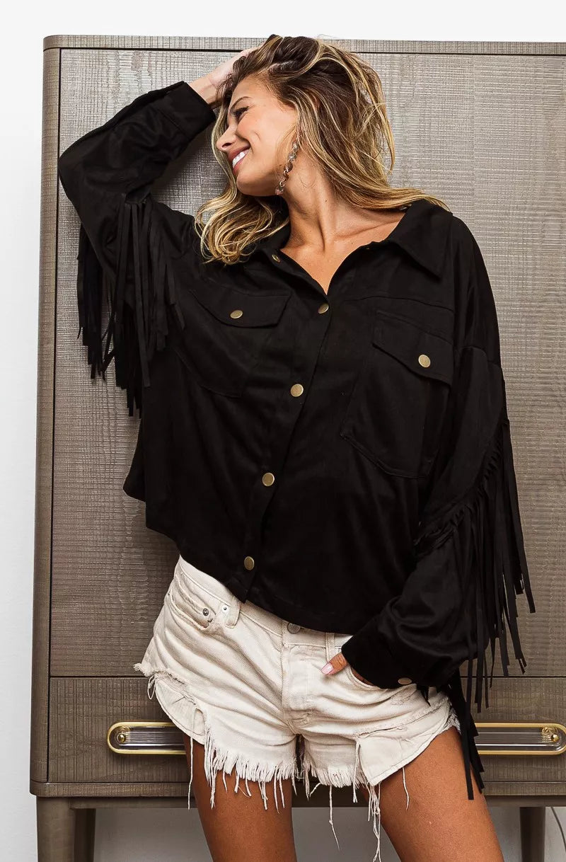 BiBi Suede Fringe Long Sleeve Jacket.