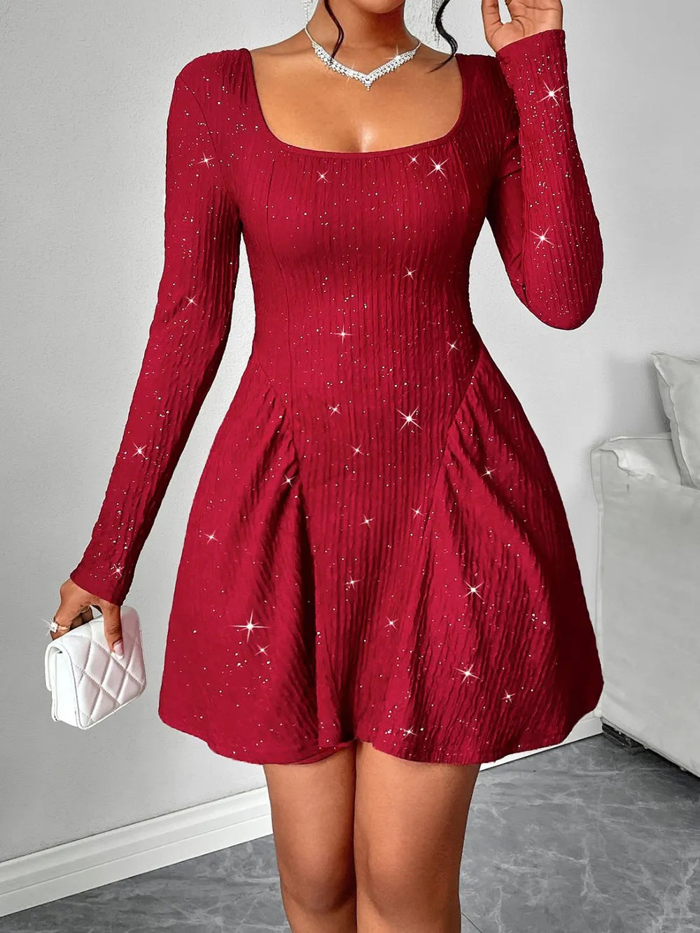 Backless Glitter Square Neck Long Sleeve Mini Dress.