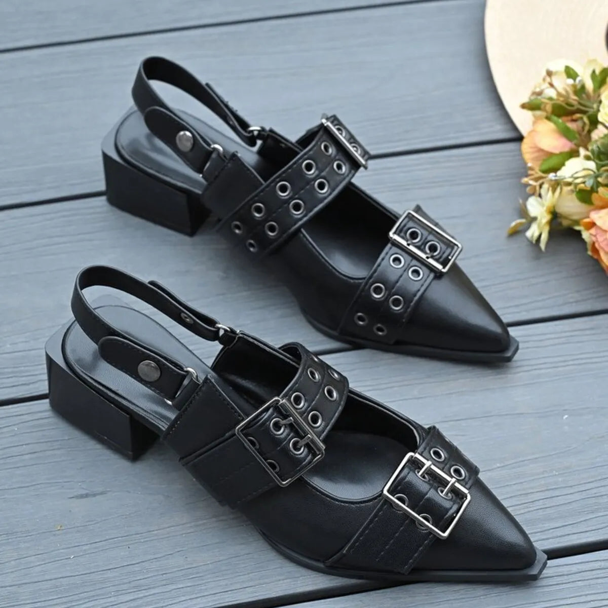 Point Toe Block Heels Slingback Pumps.