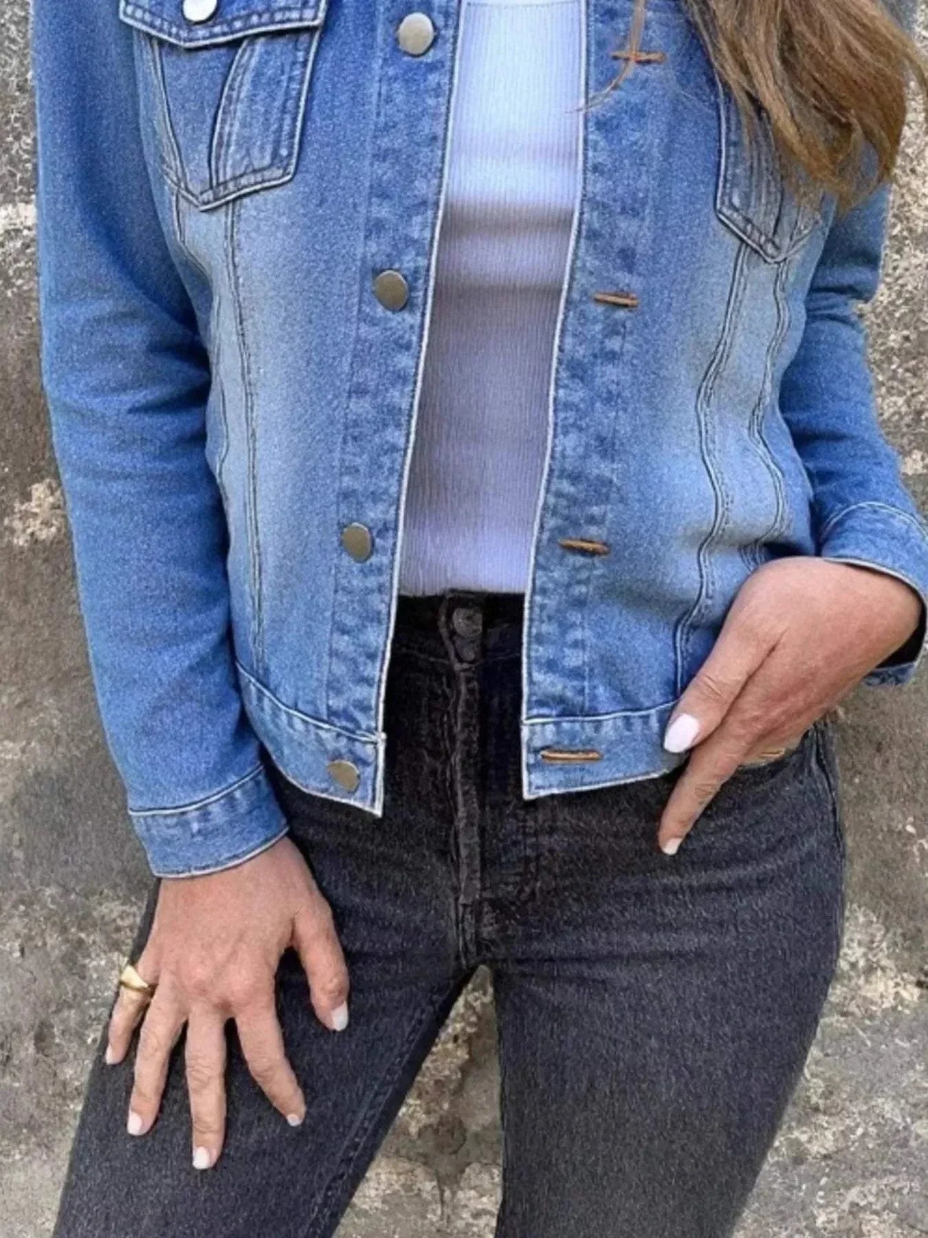 Full Size Button Front Long Sleeve Denim Jacket Plus Size.