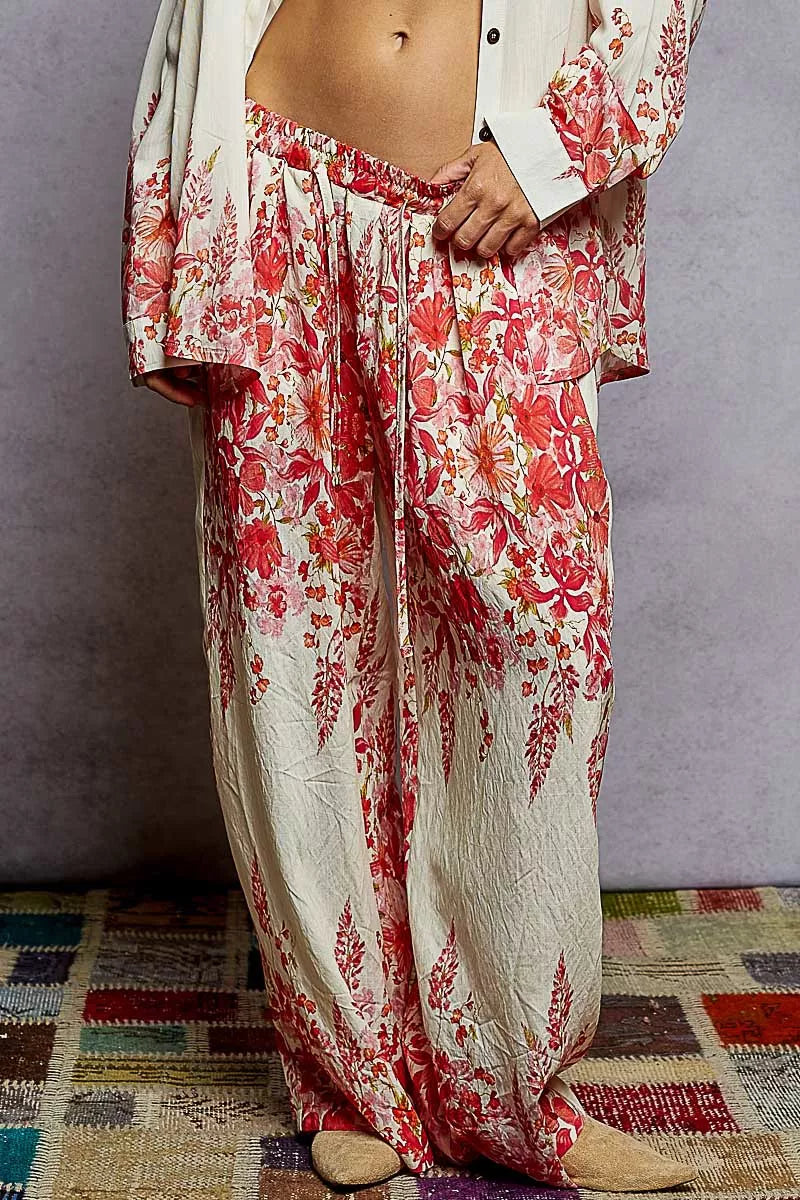 POL Floral Printed Woven Wide Leg Drawstring Pants.