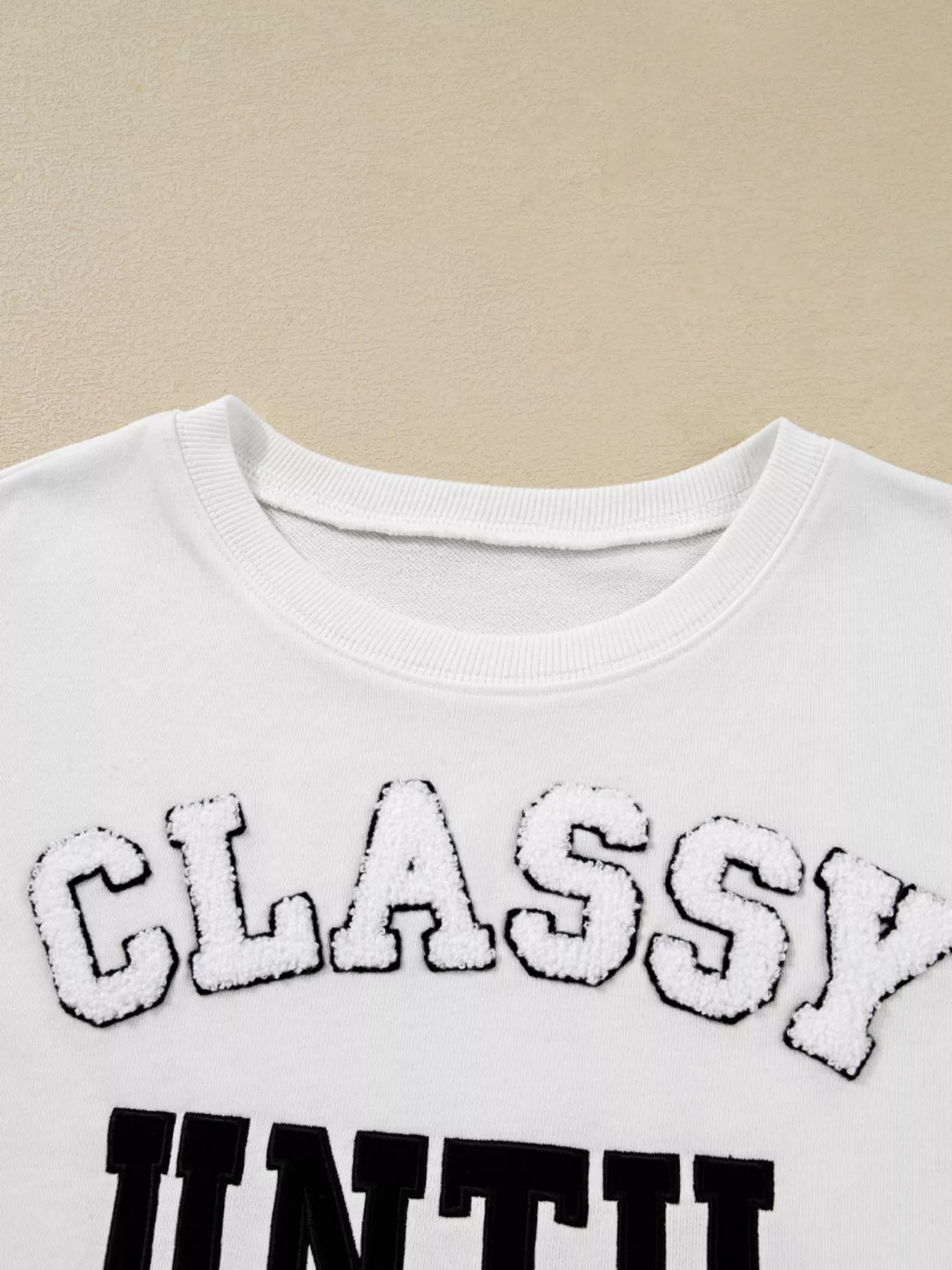 CLASSY UNTIL KICKOFF Plush Letter Patched Loose Sweatshirt.