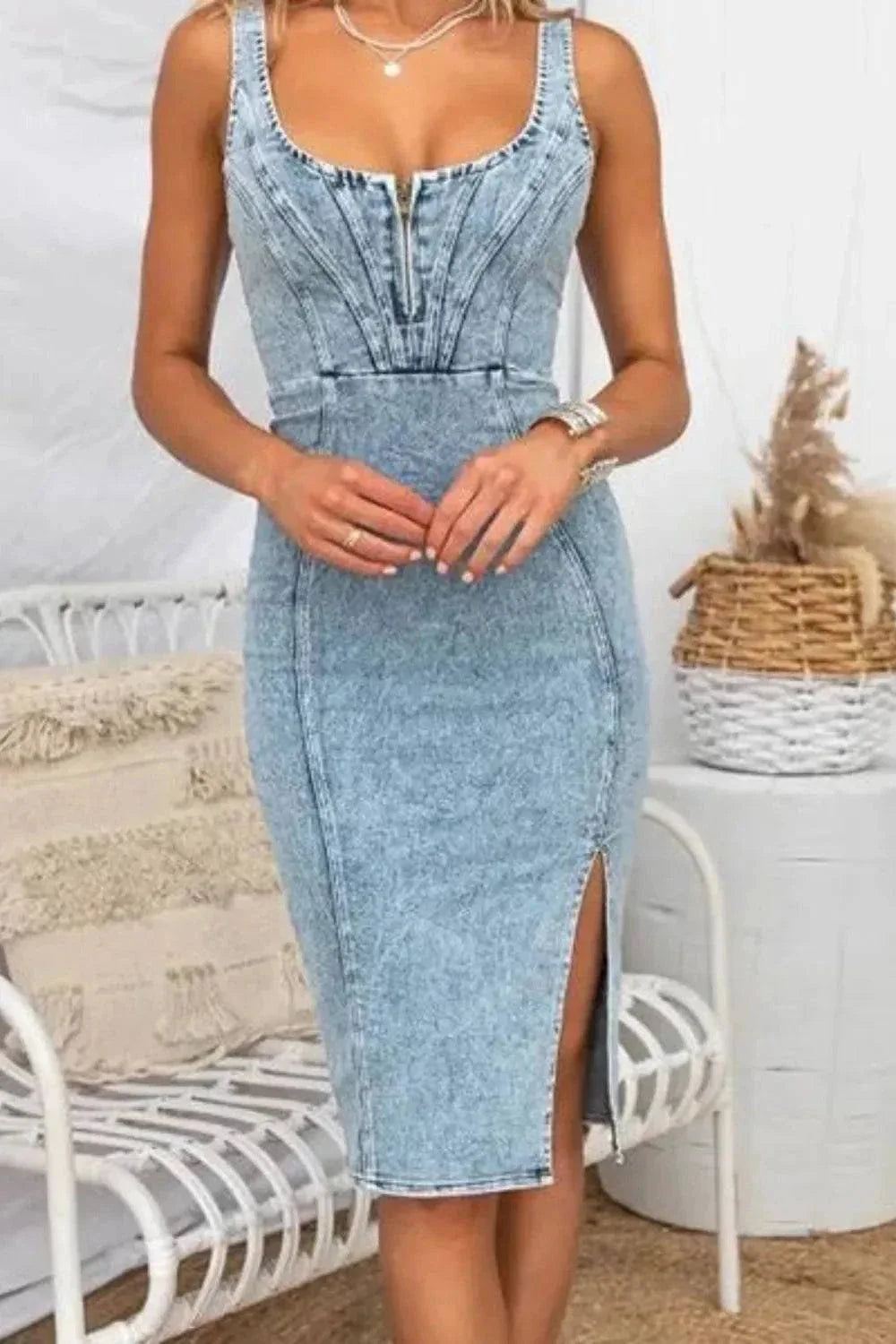 Side Slit Denim Dress with Washed Scoop Neck - Stylish and Trendy Fashion Statement.