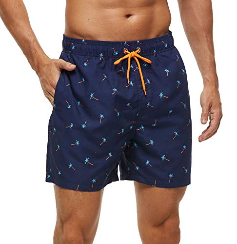 SILKWORLD Men's Swim Trunks Quick Dry Bathing Suit, Beach Shorts with Mesh Lining,Coconut Tree/Navy, Medium - Redemption By Ashley North
