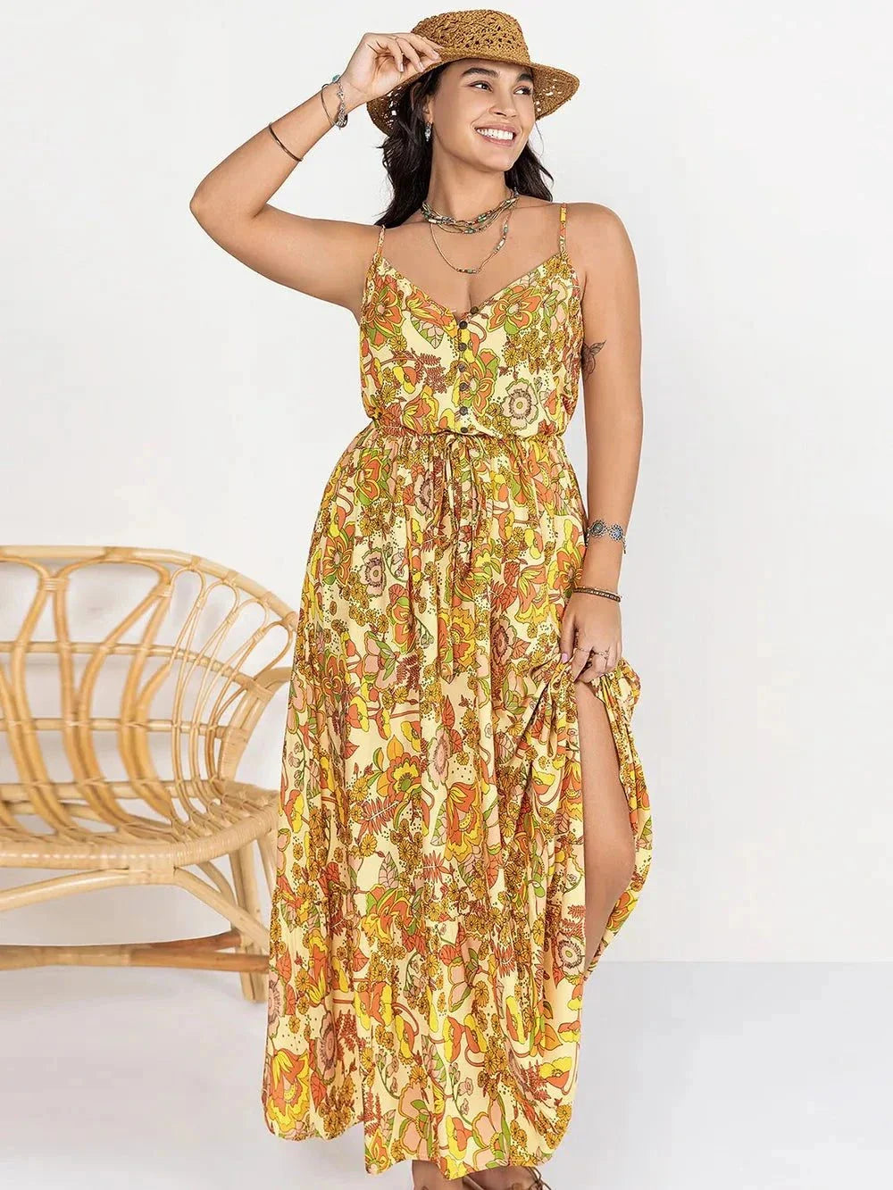 Plus Size Maxi Dress - Printed V-Neck Maxi Cami Dress.