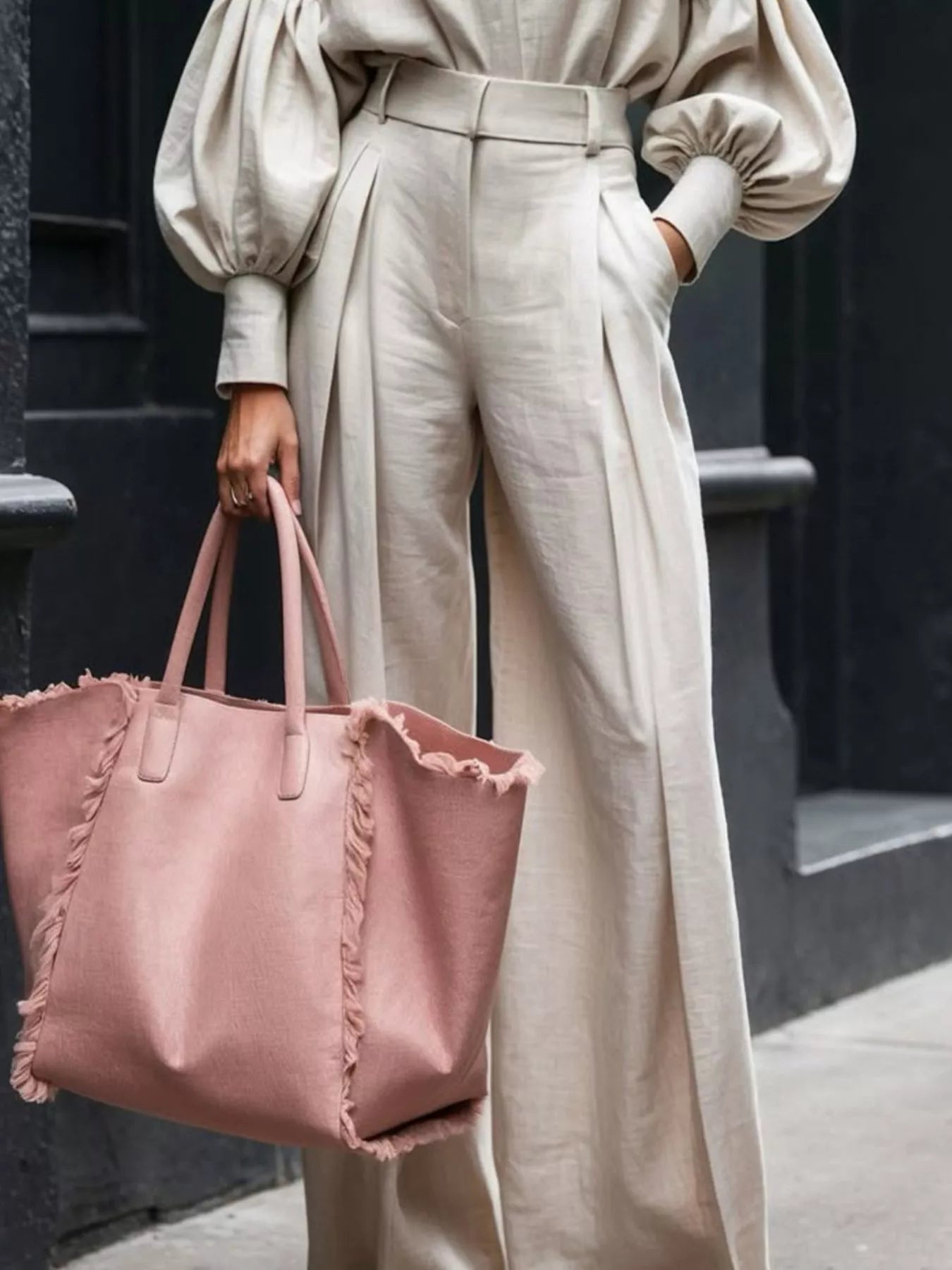 Beige lantern sleeve shirt and wide leg pants set with pockets and no stretch fabric.