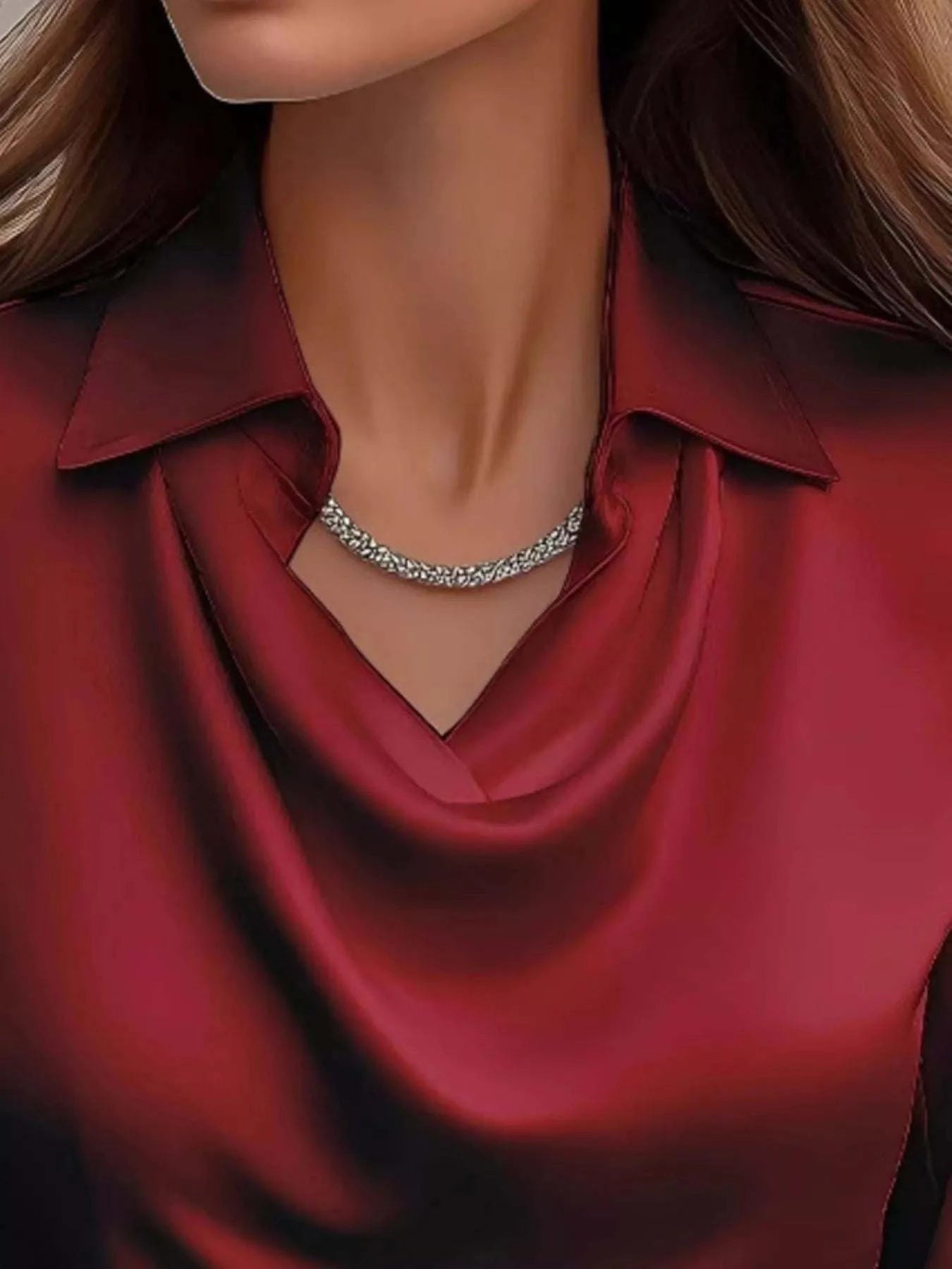 Full Size Satin Cowl Neck Long Sleeve Blouse Plus Size.