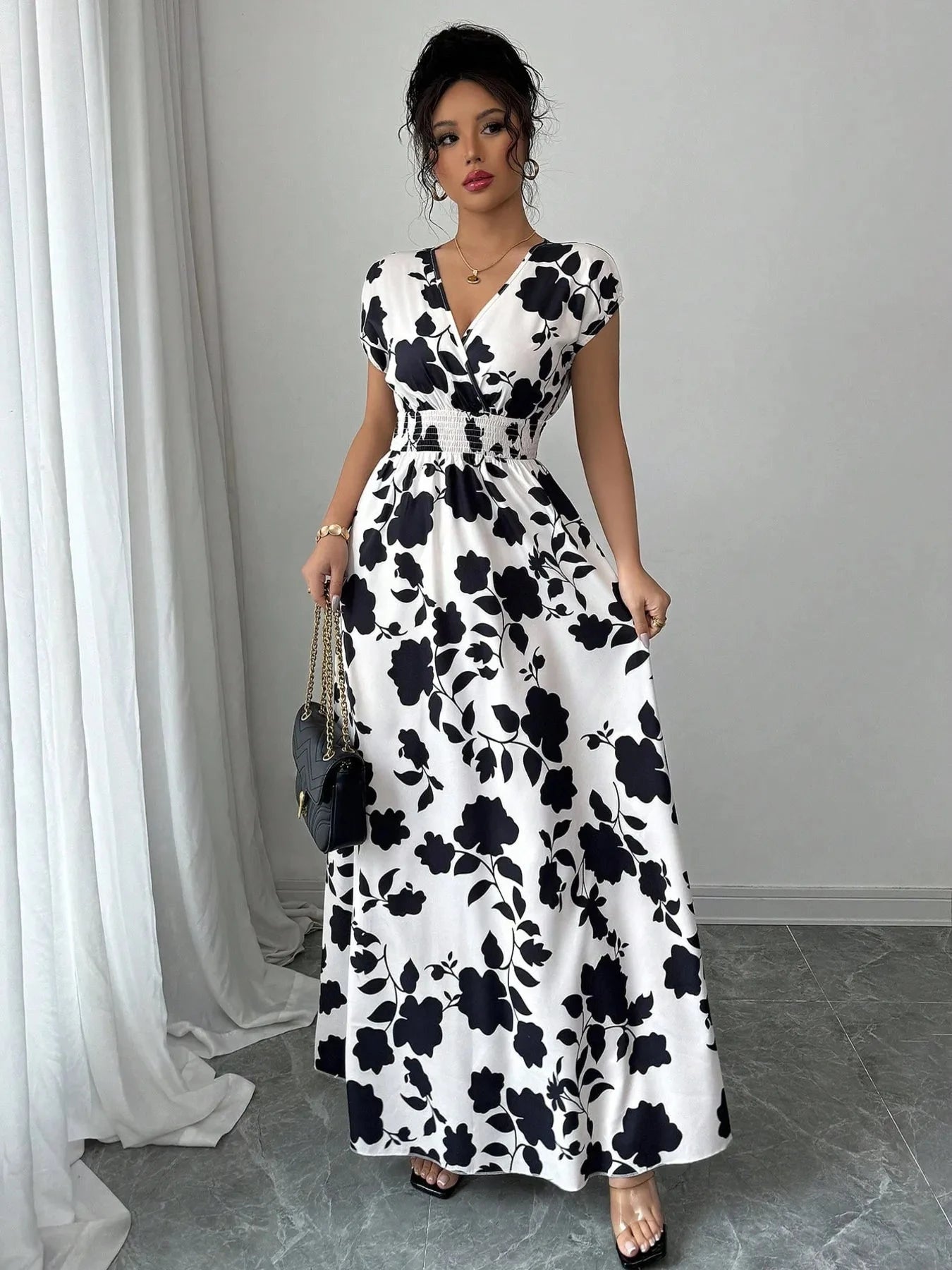 Printed Maxi Dress with Surplice Cap Sleeves - Elegant and Flowy Design.
