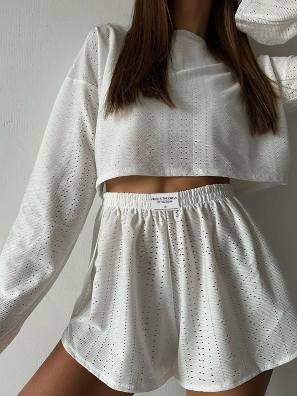 White eyelet round neck top and matching shorts set with slight stretch