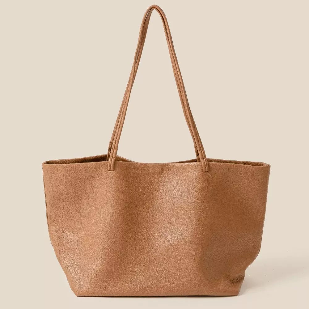 large brown Fame Soft Solid Color Tote Bag with long handles and simple design