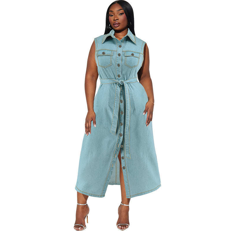 Plus Size Denim Dress - Women's Sleeveless Lace-up Long Dress with Lapel.