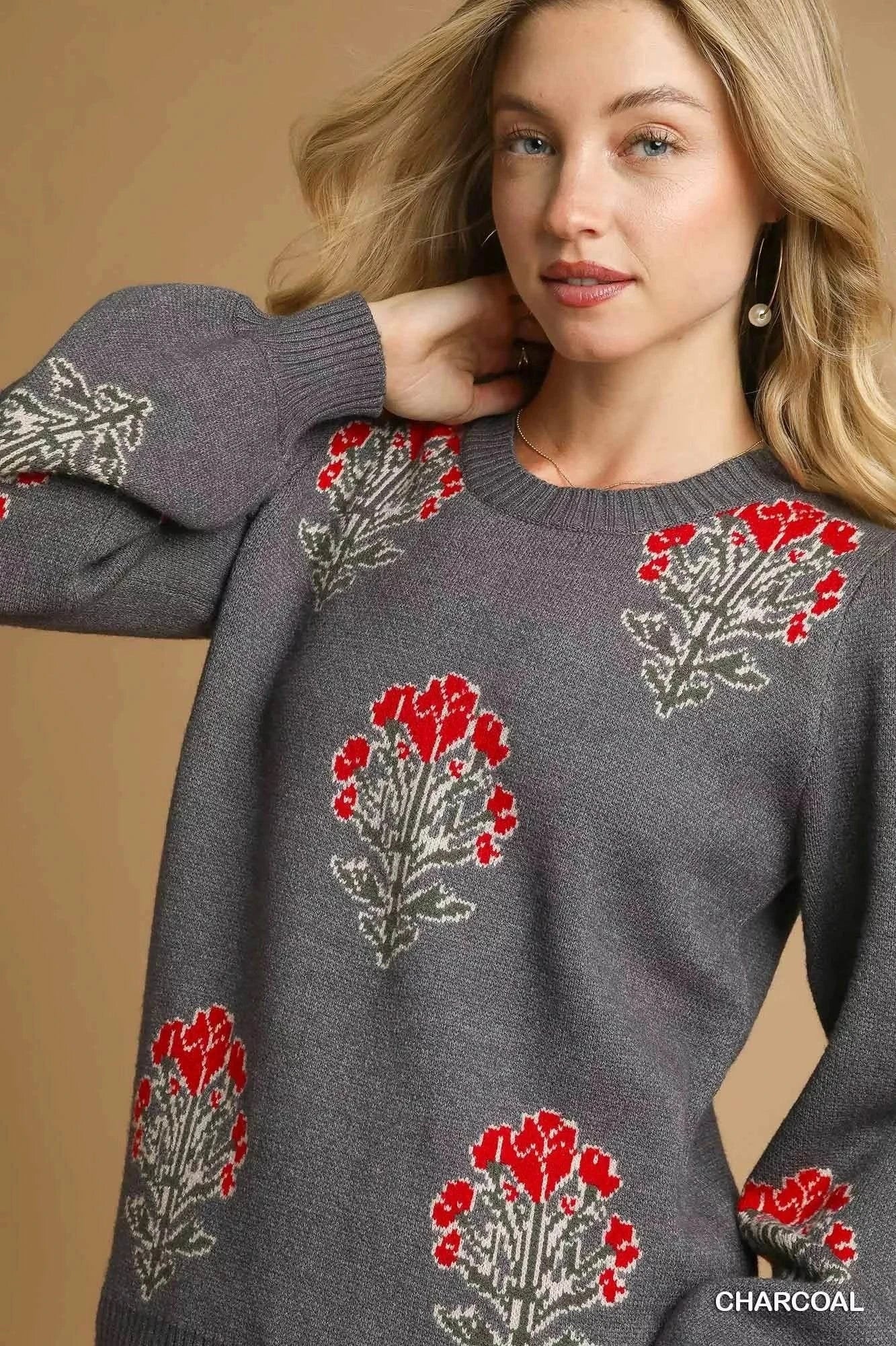 Umgee Single Flower Stem jacquard charcoal sweater with red floral design and ribbed cuffs