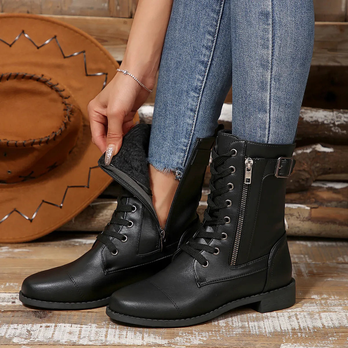 Round Toe Lace Up Block Heels Boots.