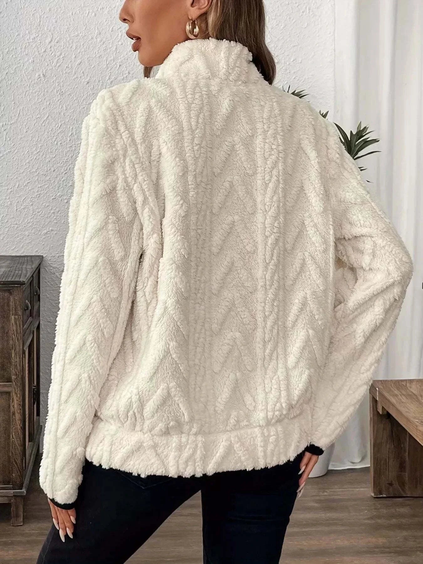 Plus size full size sherpa half zip sweatshirt with textured pattern and pockets in cream white color