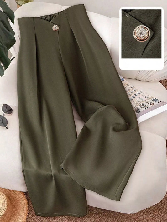 Wide-Leg Button-Accent Pants.