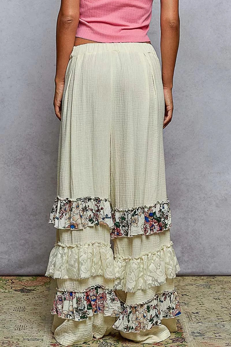 POL Drawstring Double Gauze Wide Leg Pants with Print and Lace Ruffle.