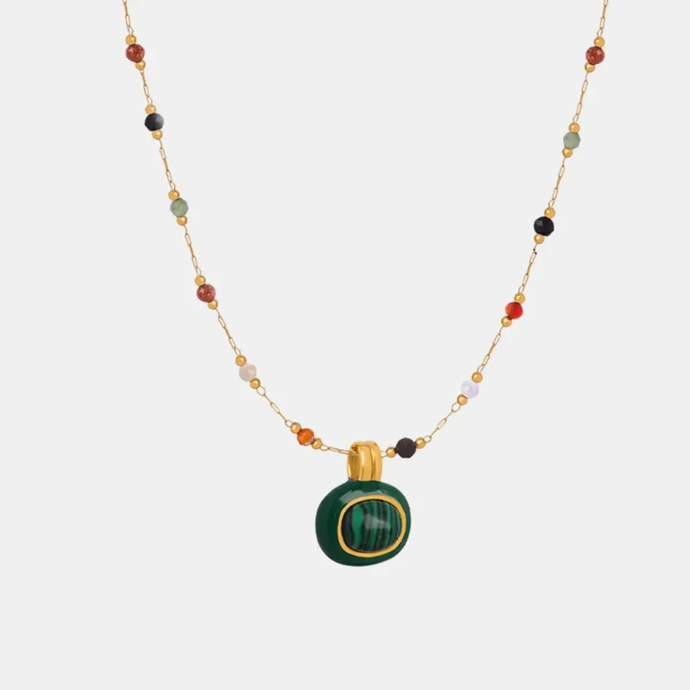 Titanium steel gold-plated bead necklace with multicolor natural stones and green malachite pendant