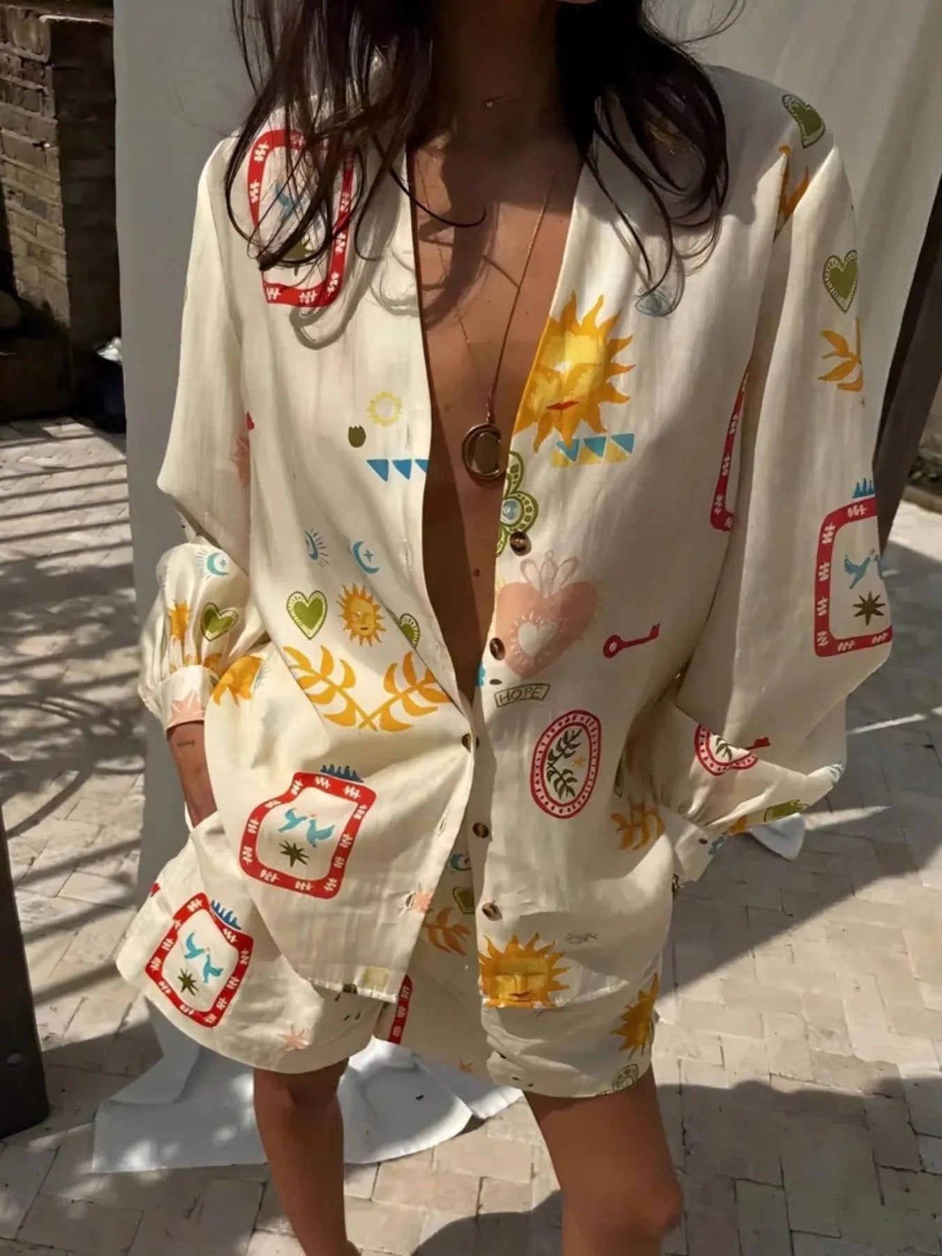 Button Up Long Sleeve Shirt and Shorts Set with colorful sun and key prints, lightweight linen blend fabric, slightly stretchy, two-piece casual outfit