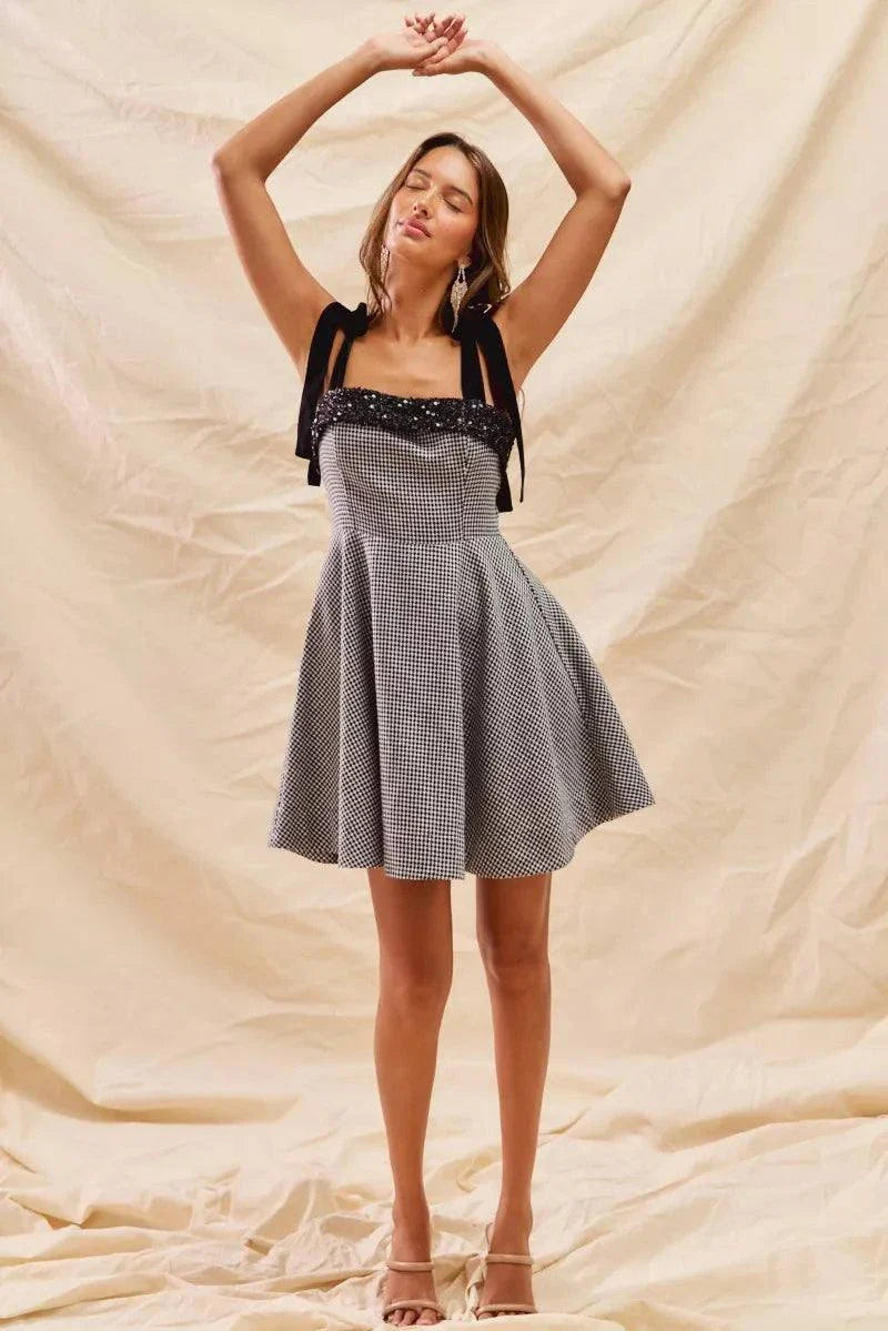 SO ME Houndstooth Fit Flare Mini Dress with Shoulder Tie for a Trendy Look.