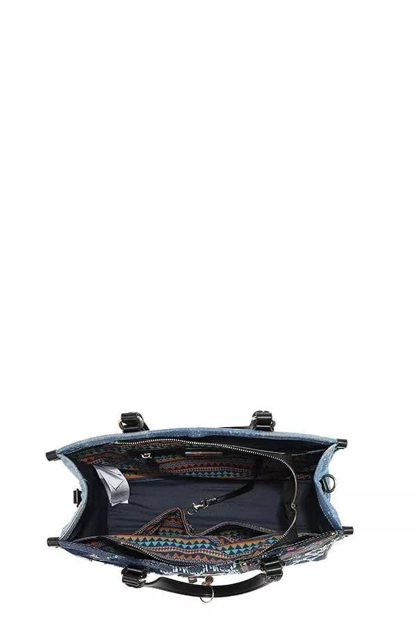 Nicole Lee USA Bosque de Amor medium denim tote bag with vegan leather accents and multiple compartments interior view