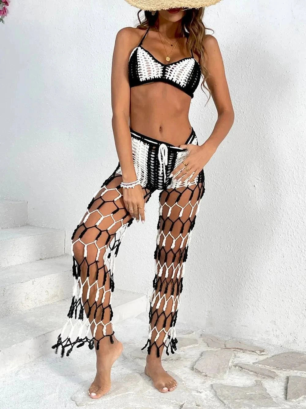 Cutout Halter Neck Swim Set - Two-Piece Top and Pants Swimwear.