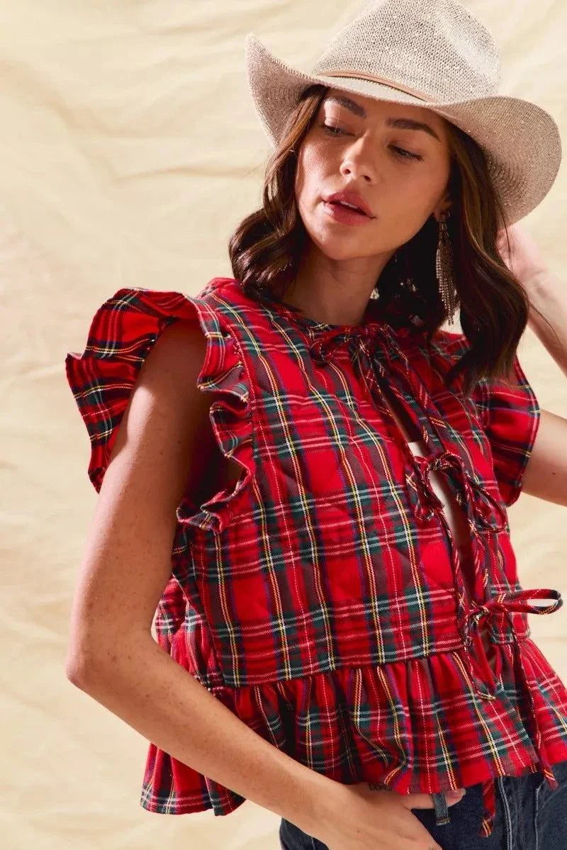 Christmas holiday plaid ruffled quilt vest top with tie detail and festive design