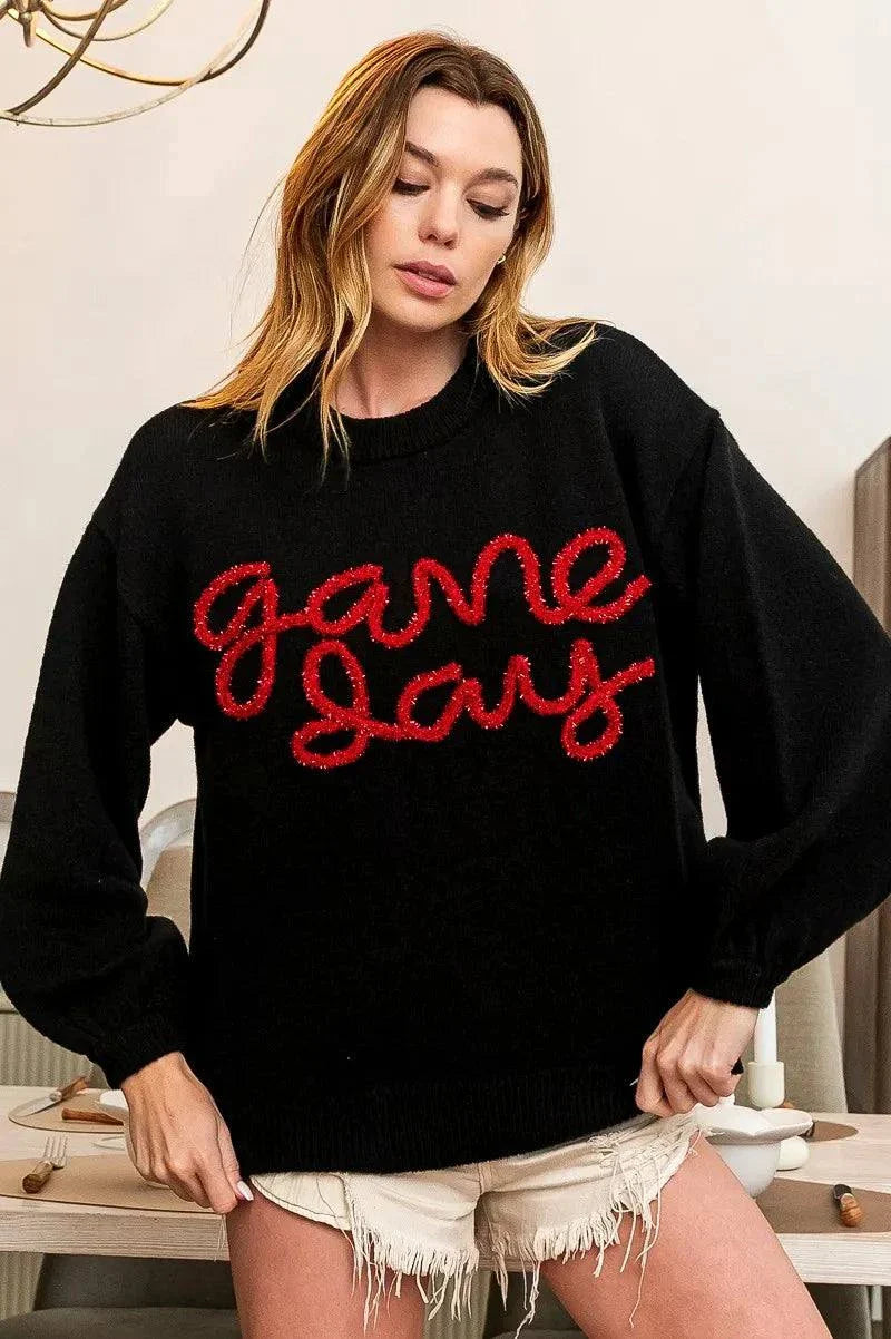 BiBi Game Day Metallic Letter SweaterShow your team spirit in style with this Game Day Metallic Letter Sweater. The metallic letter design adds a touch of glamour and sparkle to this sweater, perfect foRedemption By Ashley NorthGame Day Metallic Letter Sweater