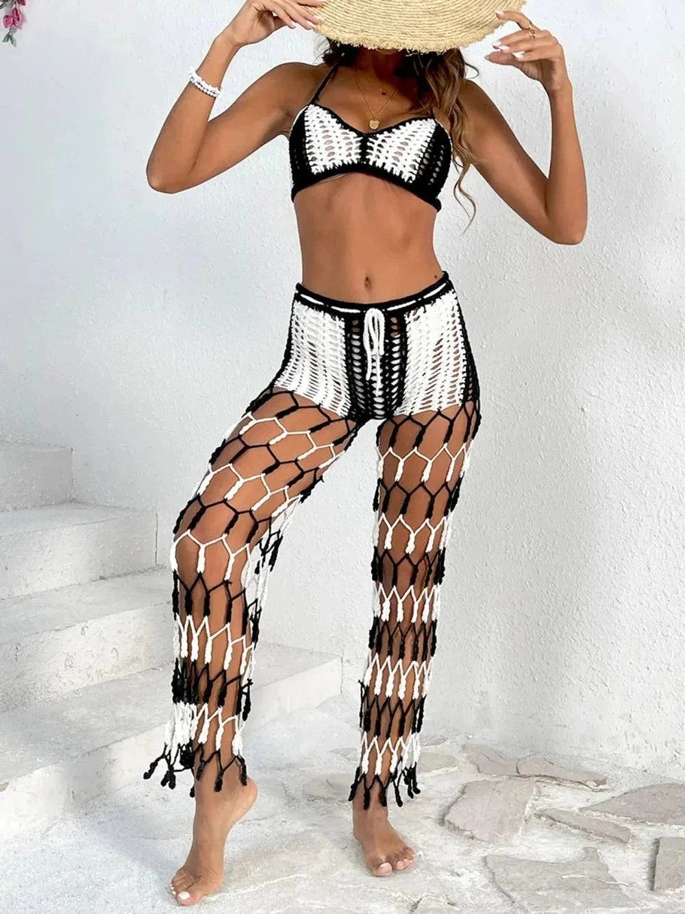 Cutout Halter Neck Swim Set - Two-Piece Top and Pants Swimwear.