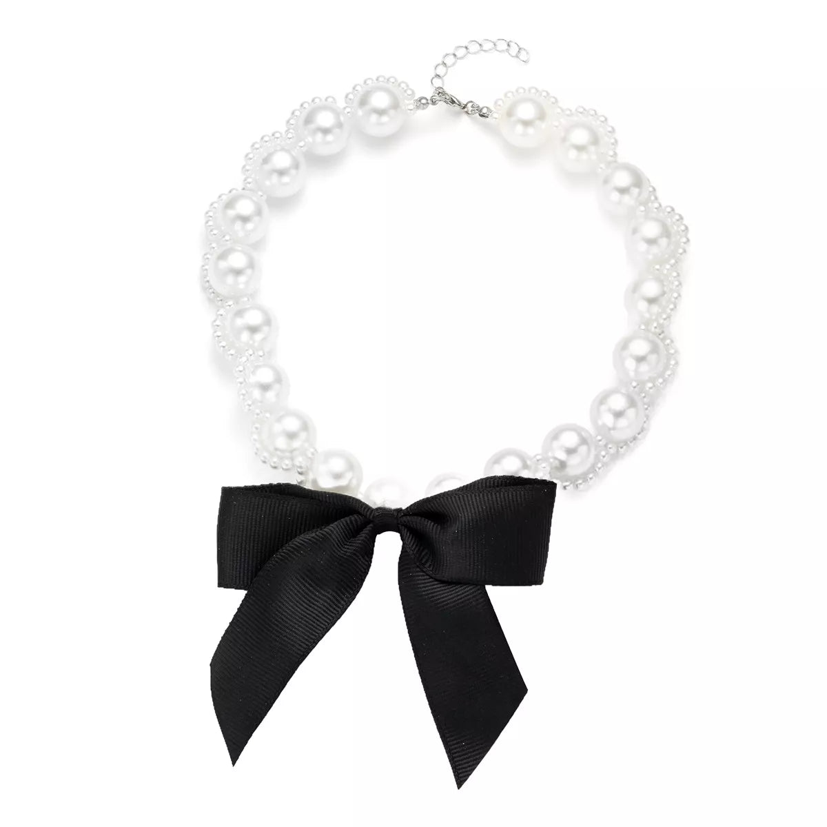 Pearl choker necklace with synthetic pearls and black bow accent on alloy chain