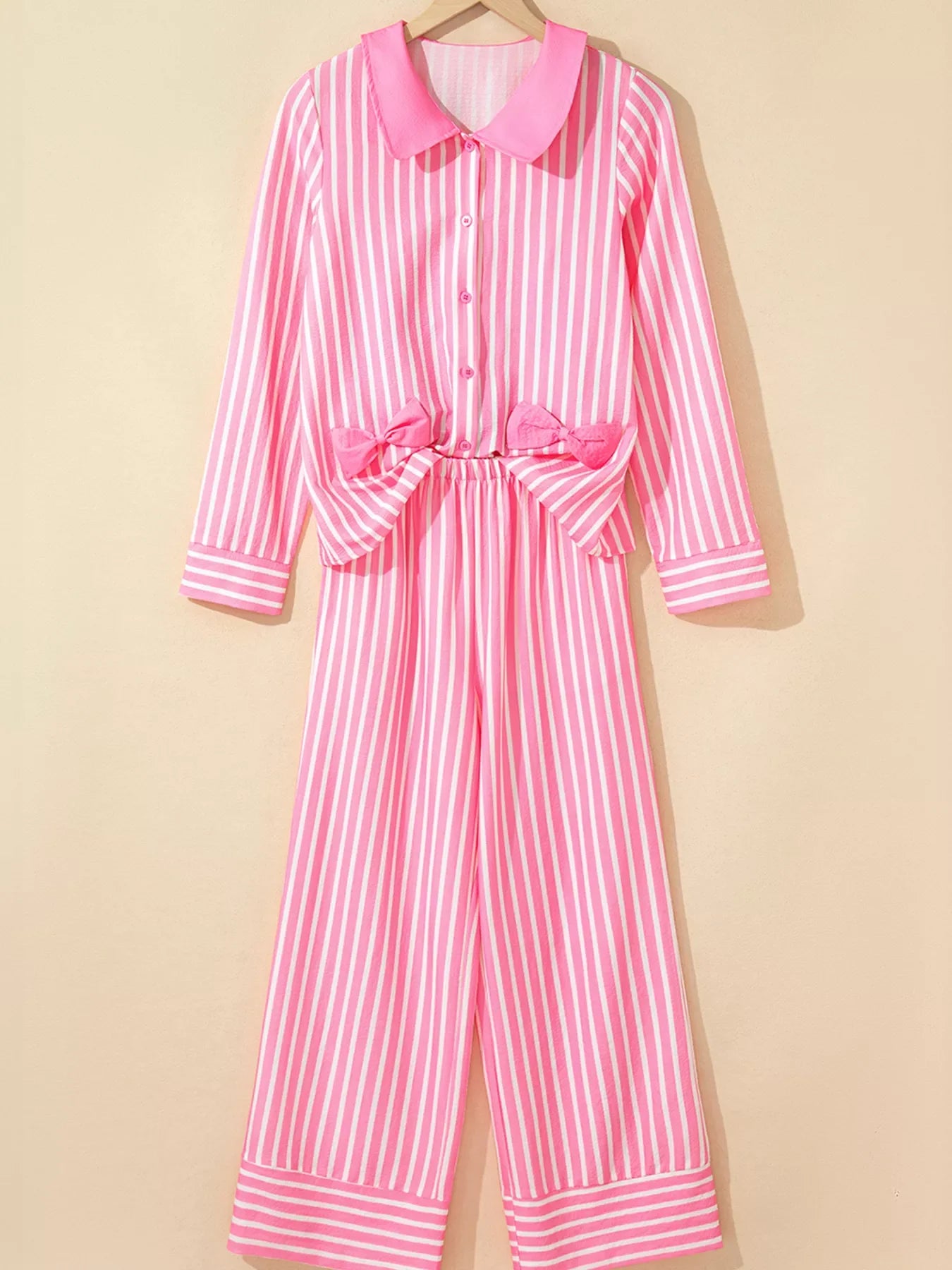 Pink and white stripe buttoned front long sleeve top and pants two-piece sleepwear set with bow detail