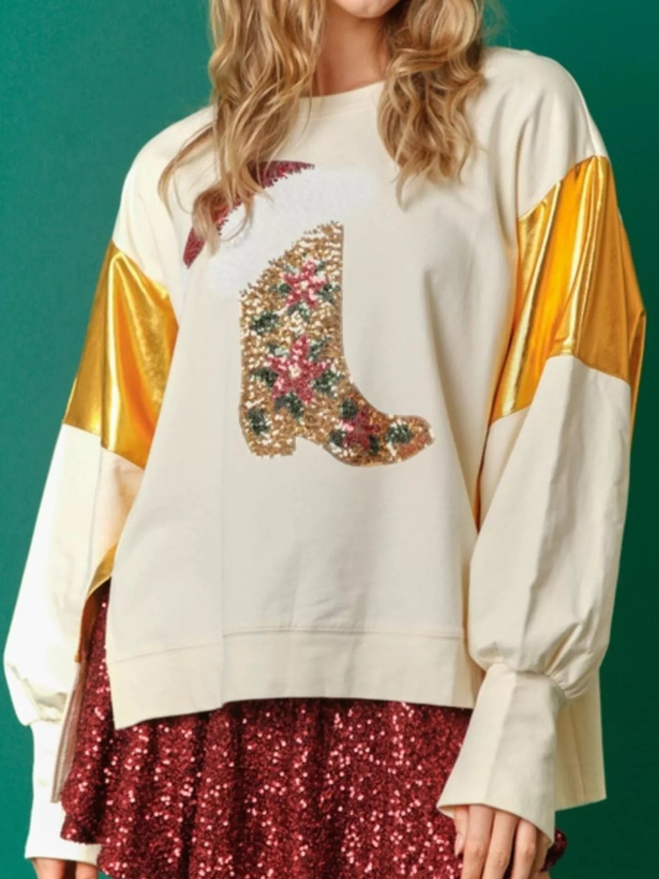 Christmas Sequin Boot Long Sleeve Sweatshirt.