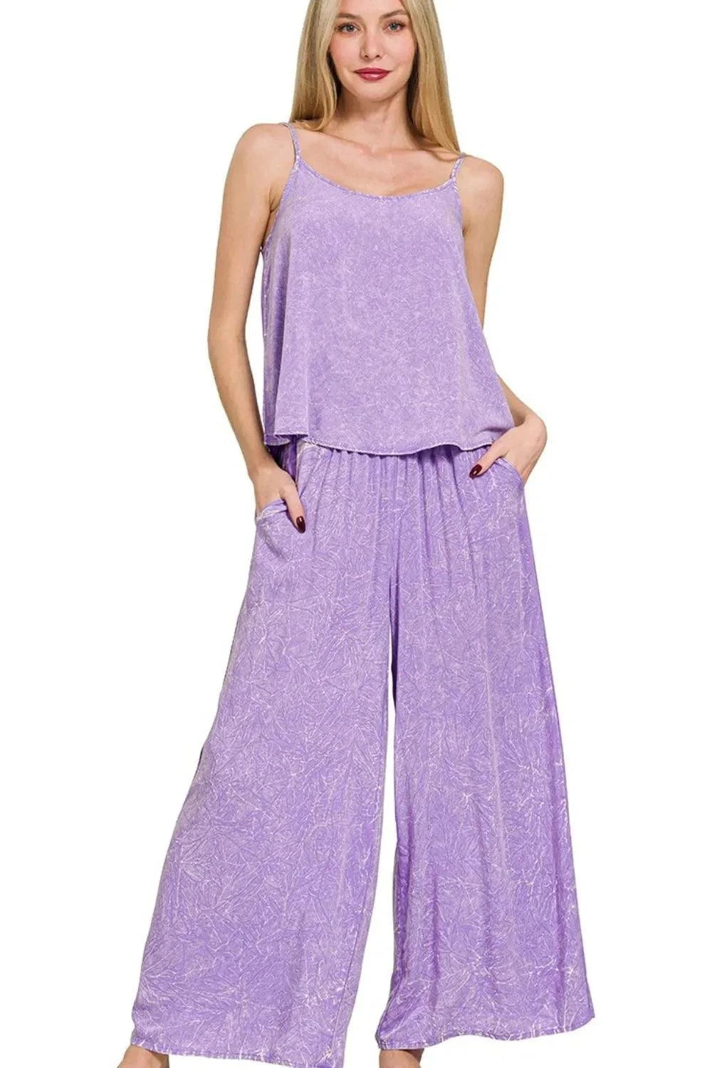 Zenana Woven Crinkle Cami Pants Set - Stylish 2 Piece Washed Outfit.