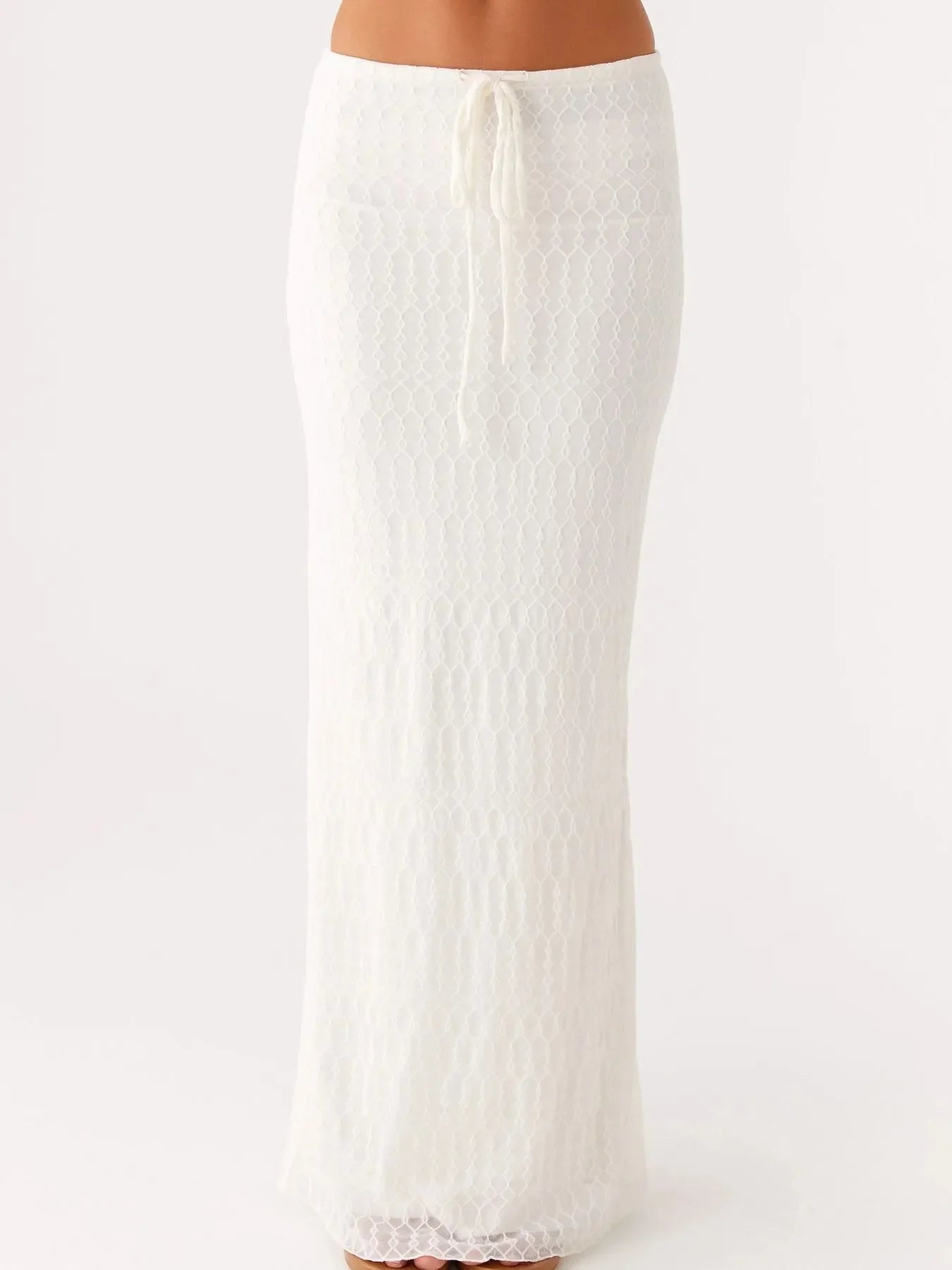 White lace maxi skirt with drawstring waist, part of tie front tube top set