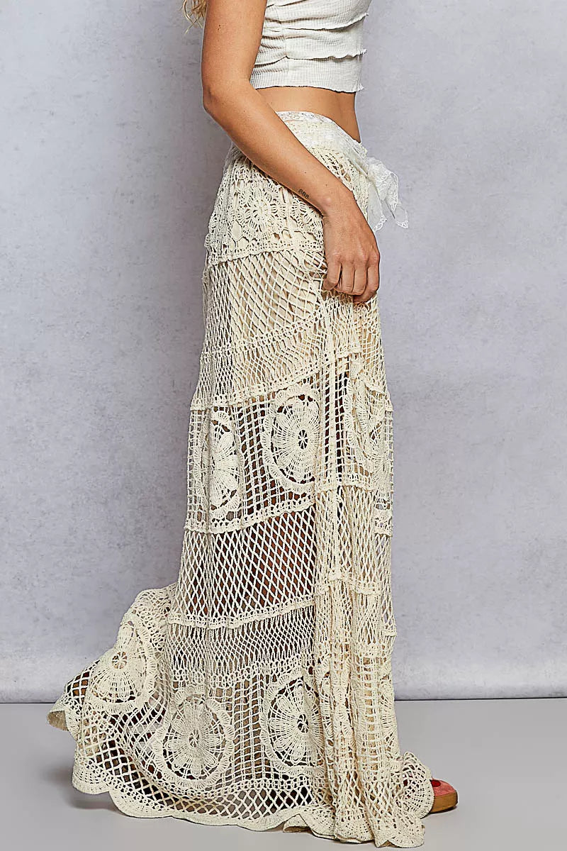 POL Crochet Floral long flared skirt with elastic waistband and floral crochet design in cream color