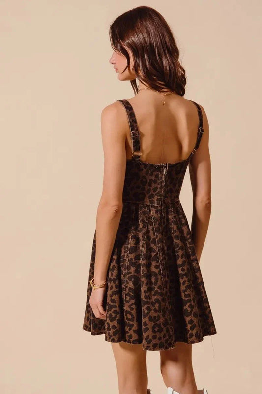 SO ME mineral washed leopard print flare cami dress back view on model with adjustable straps and flowing silhouette