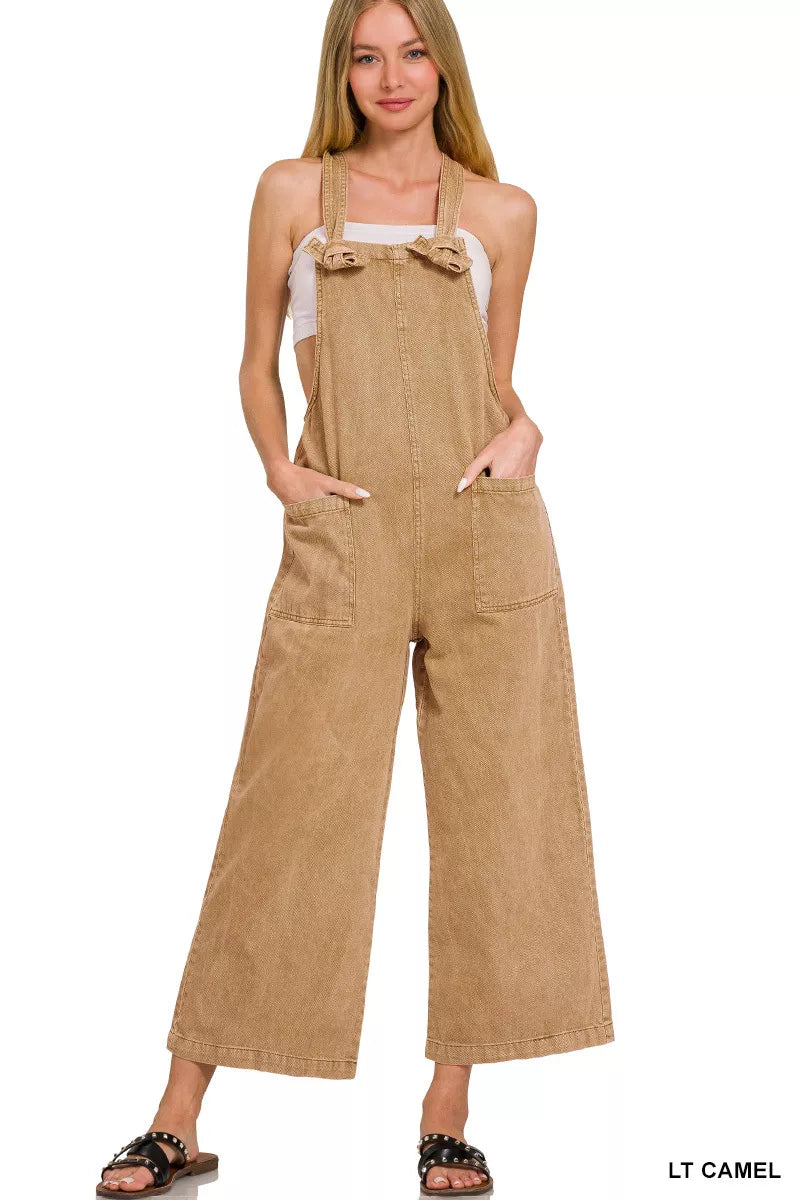 Zenana Washed Knot Strap Pockets Jumpsuit.