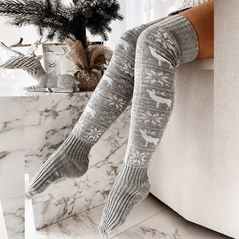 Winter Christmas Warm Knitted Women Stocking Beautiful Elk Snowflake Jacquard Over-the-knee Casual Long Socks For Ladies Gifts Free Size.