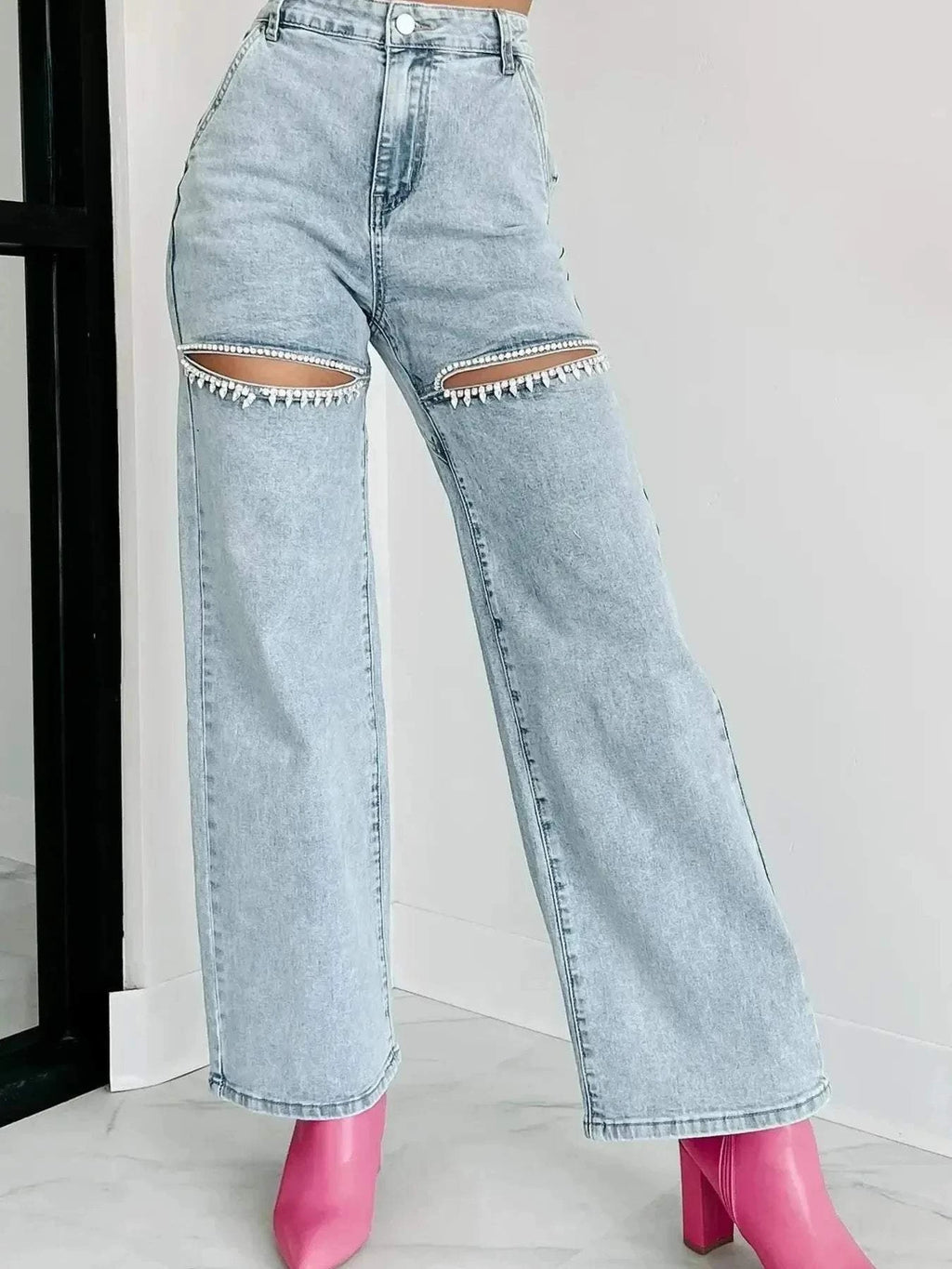 High Waist Wide Leg Jeans with Cut-Out Design.