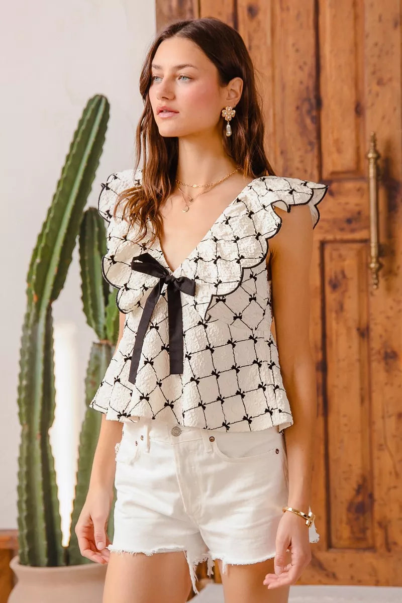 SO ME Bow Texture Jacquard Woven Top with Scallop and Tie.
