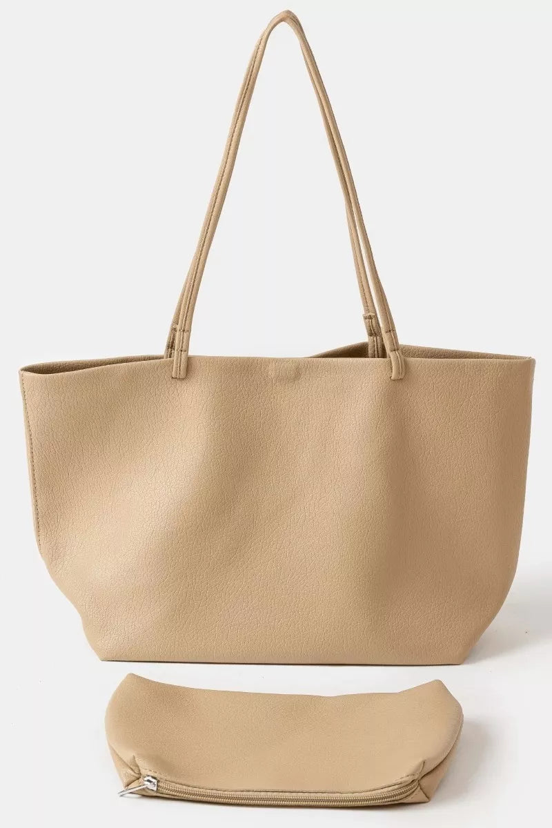 Fame Soft Solid Color Tote Bag large beige leather handbag with detachable zipper pouch and shoulder straps