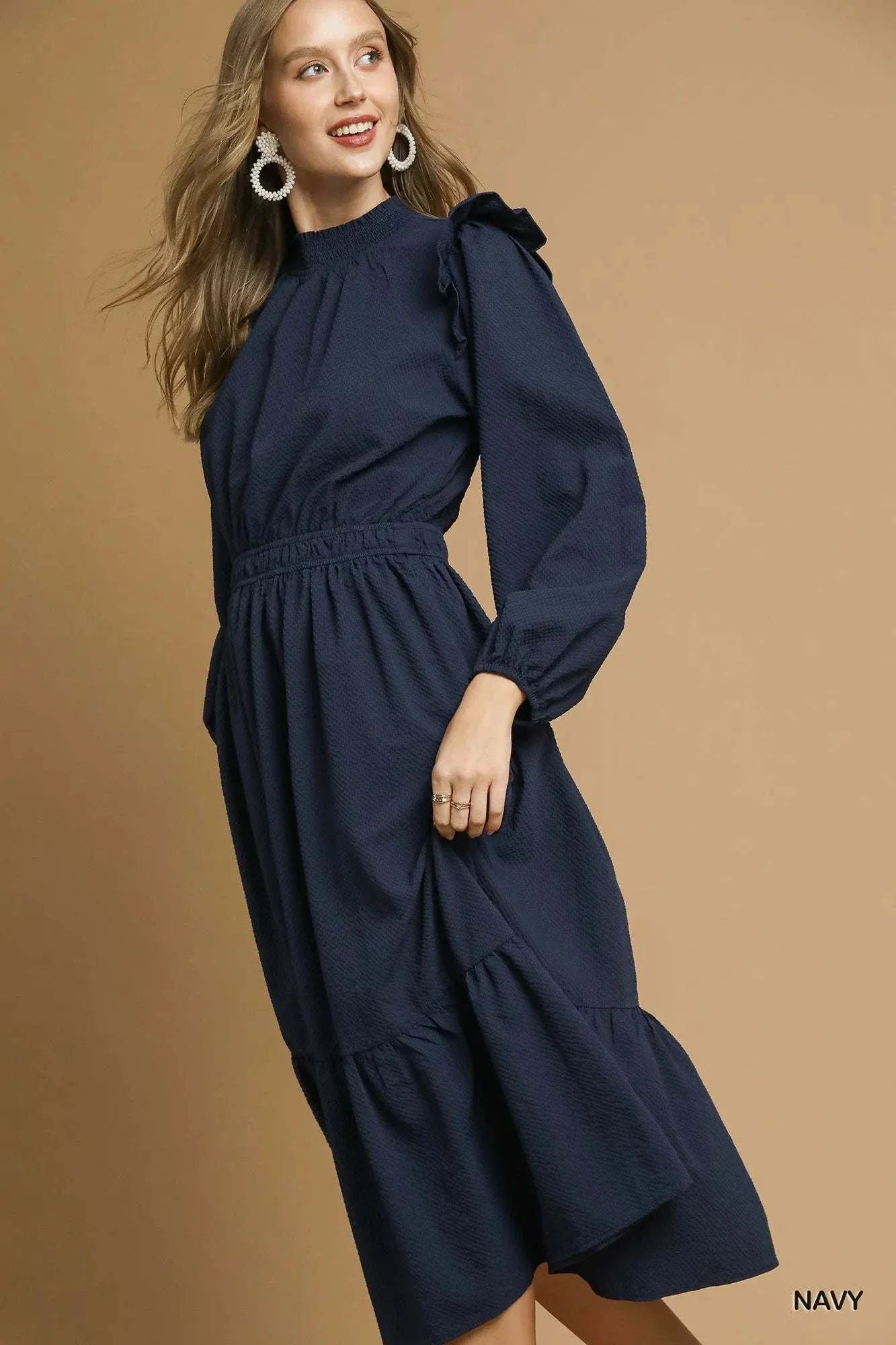 Navy Umgee Textured Midi Dress with ruffle shoulder detail and long sleeves