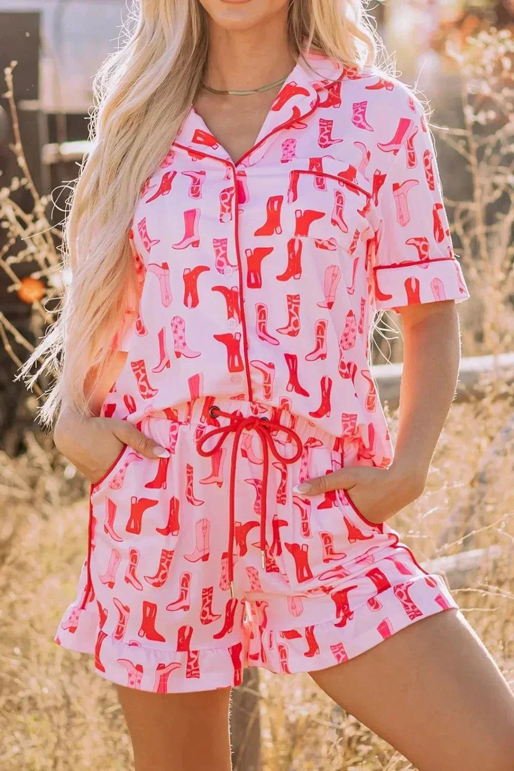 Cowgirl Boots Outfit Set - Printed Shirt and Shorts Set.