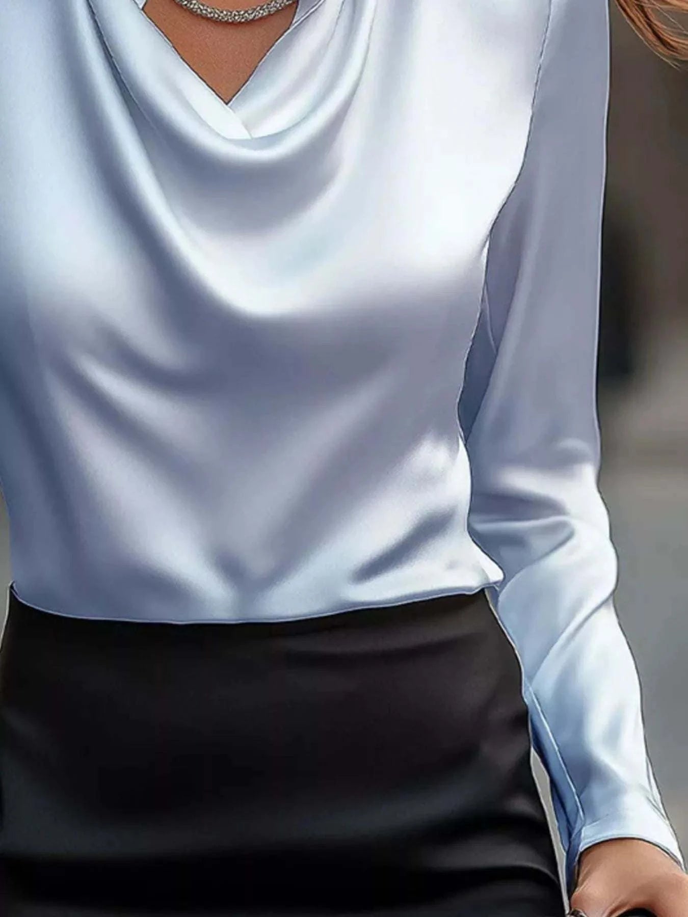 Full Size Satin Cowl Neck Long Sleeve Blouse Plus Size.