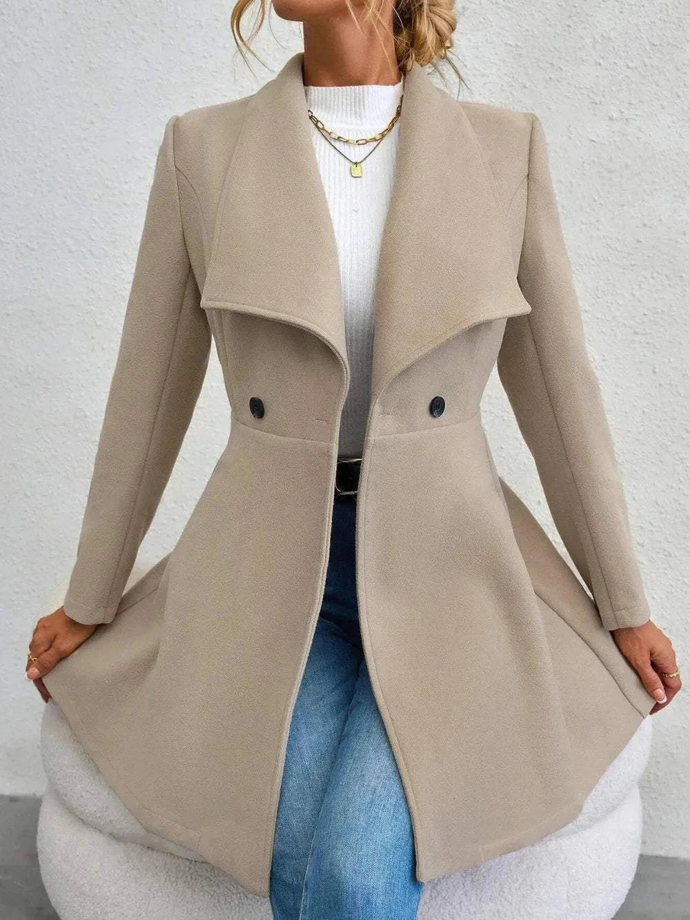 beige collared neck button up long sleeve coat with flared hem and double buttons