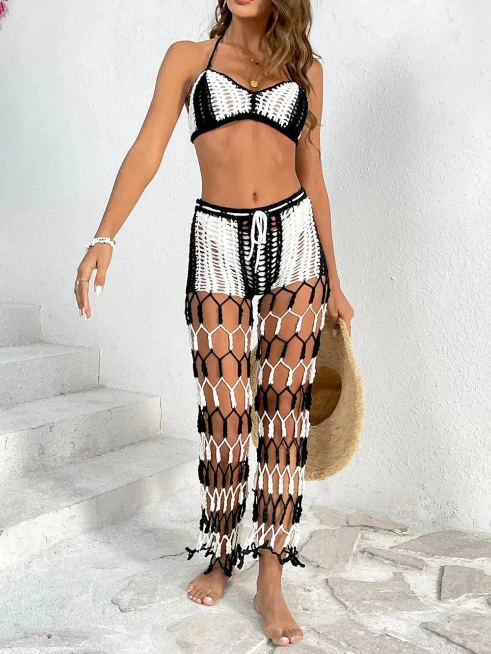 Cutout Halter Neck Swim Set - Two-Piece Top and Pants Swimwear.