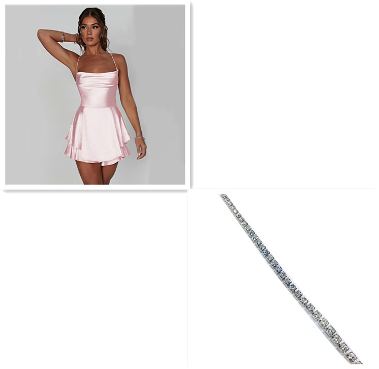 Sexy Suspender Skirt Elegant Satin Backless Lace Up A-Line Short Dress for Women.